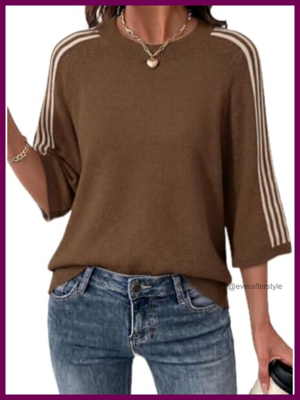 Oversized Cropped 3/4 Sleeve Knit Sweater Crew Neck Drop Shoulder